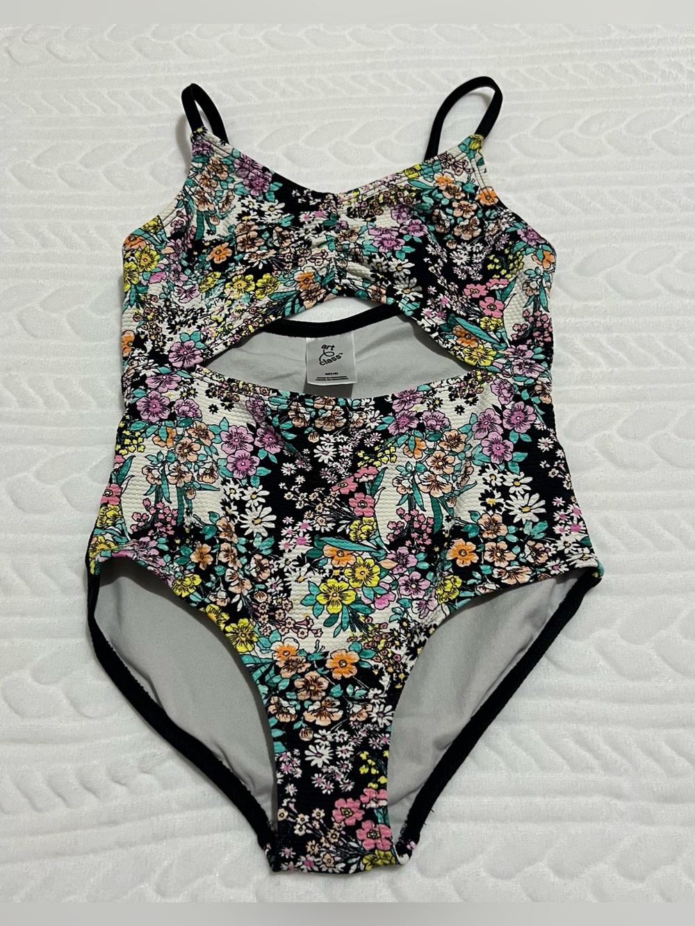 💗 Art Class - Girls Black Floral Cutout Swimsuit with Pink, Yellow, Teal Flowers